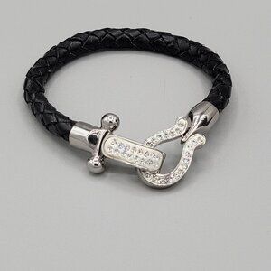 Stainless Steel Horseshoe Bangle Bracelet Black Cord Crystal Accents Snap Close